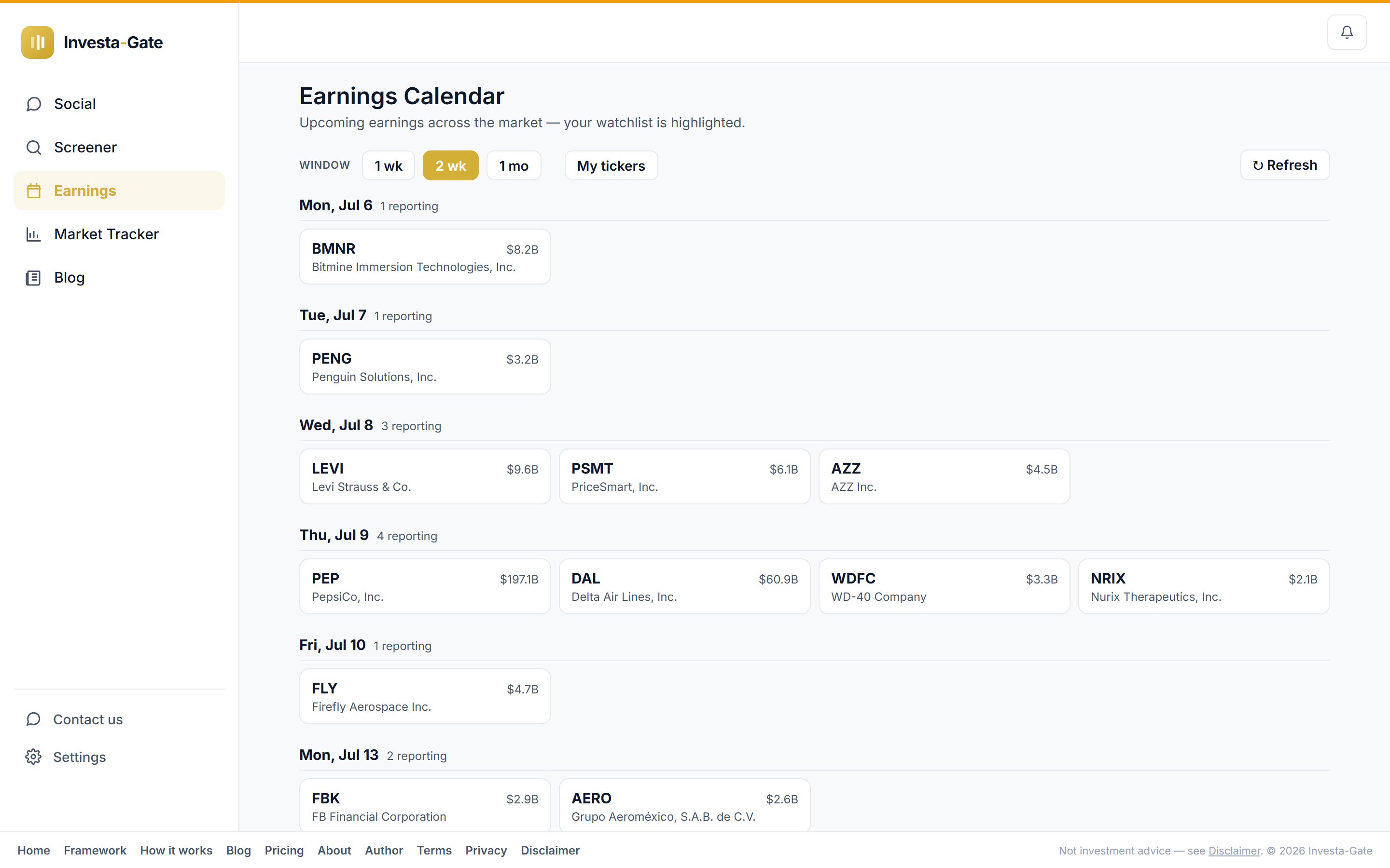 Earnings calendar — screen 1 of 2