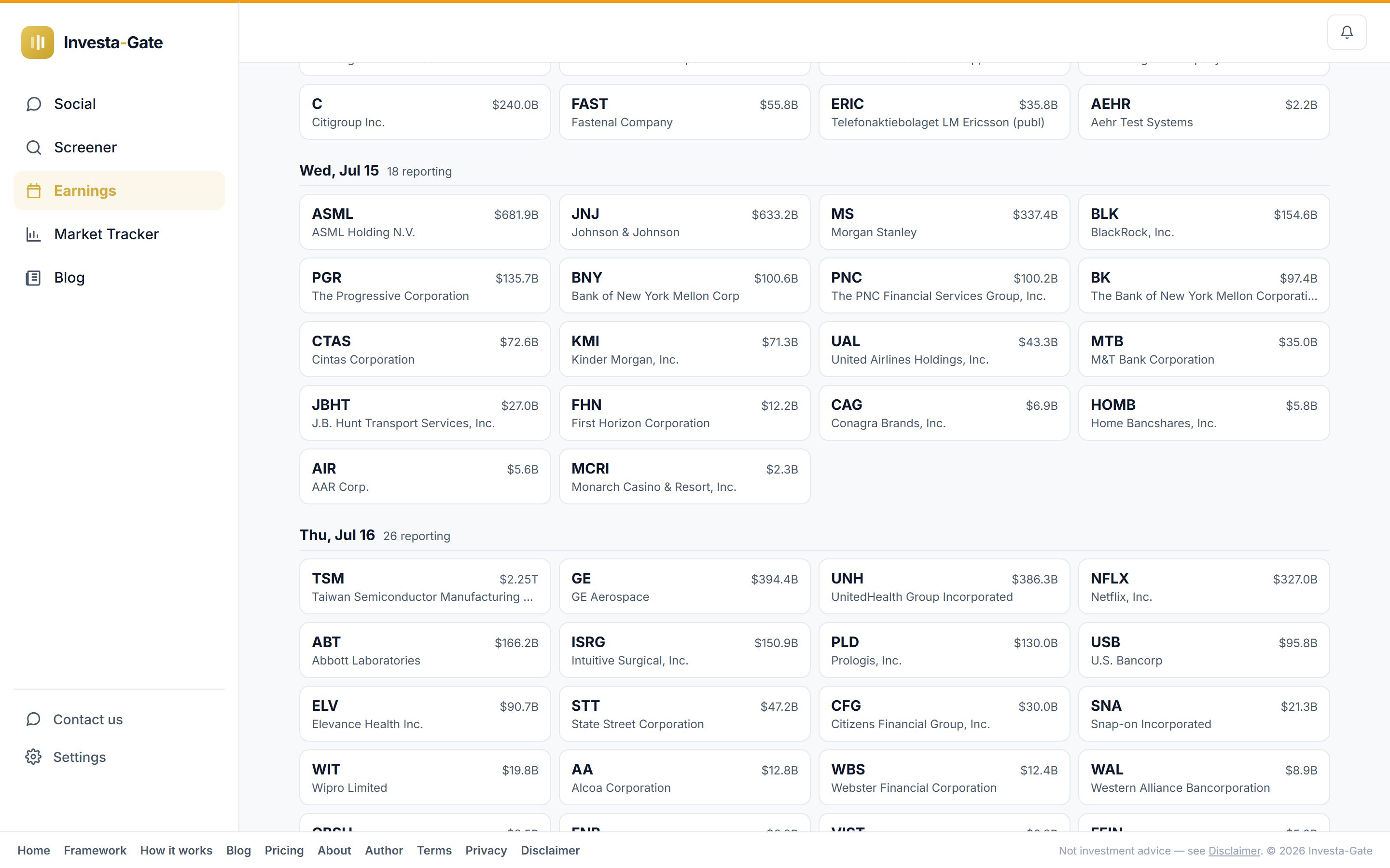 Earnings calendar — screen 2 of 2