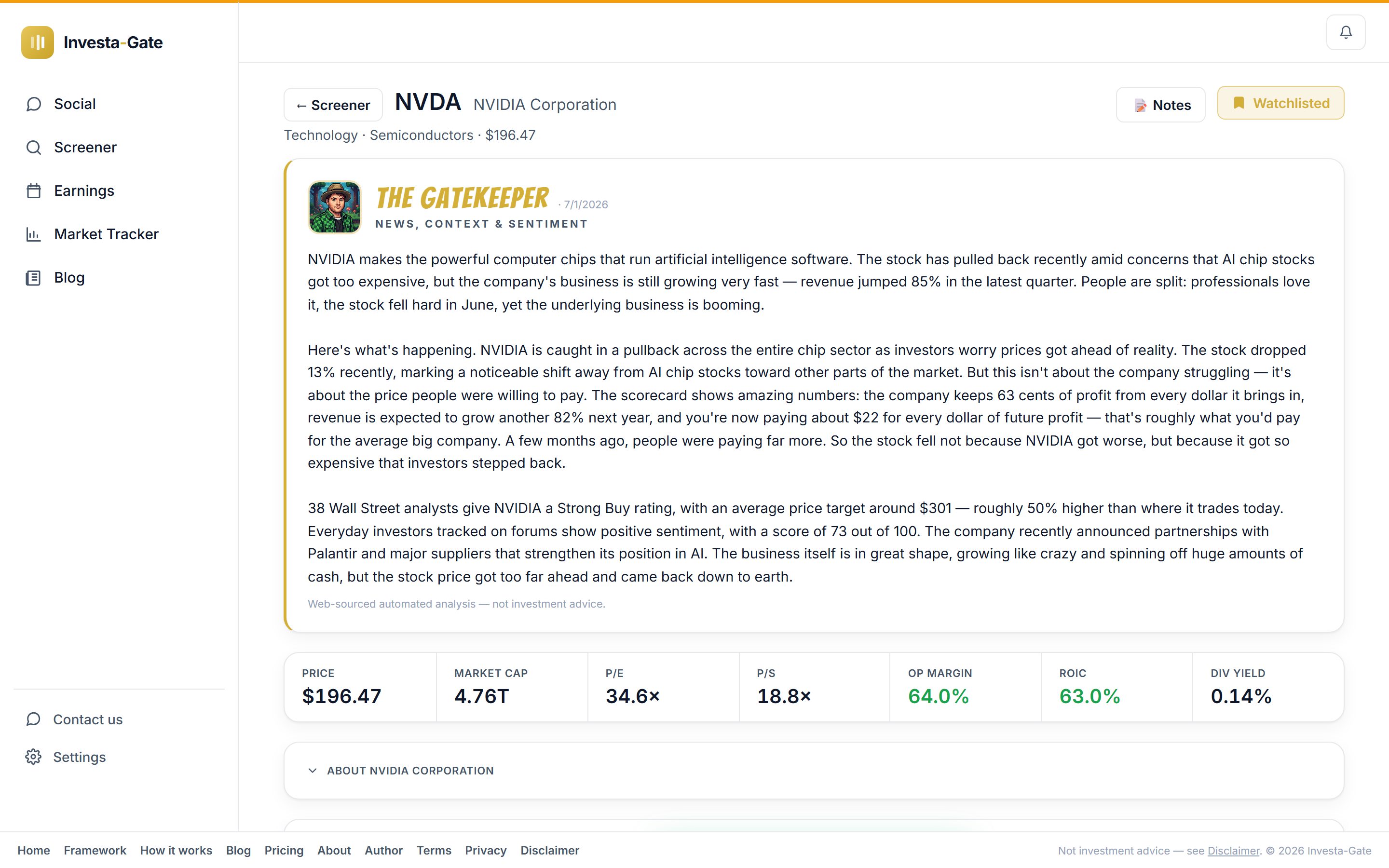 Ticker page + The Gatekeeper — screen 2 of 3
